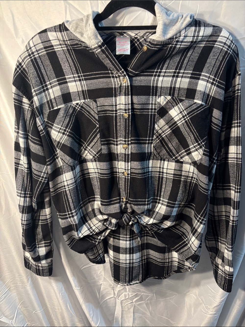 No Boundaries Black and White Plaid Hooded Button Shirt